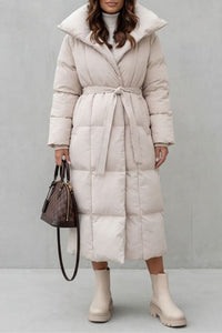 Aurevella | Elegant Belted Oversized Collar Long Puffer Coat