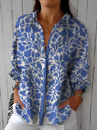 Elowen | Floral Bird-Print Button-Down Blouse