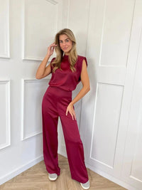 Lucille | Satin-Style Sleeveless Mock-Neck Wide-Leg Jumpsuit