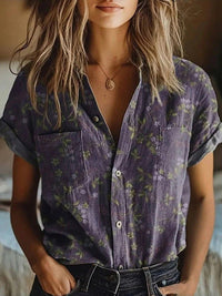 Celine | Floral Pocket Short-Sleeve Button-Up Blouse