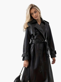 Valerie | Women's Elegant Long Belted Faux Leather Trench Coat
