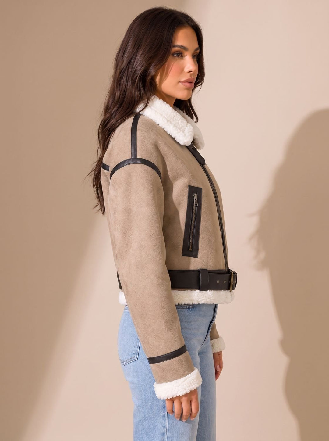 Marlene | Aviator Jacket with Faux Fur Trim and Belt