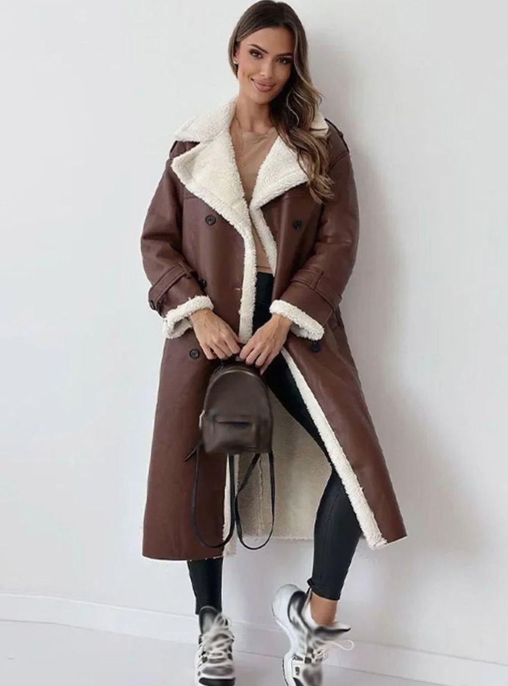 Elara | Long Winter Coat – Double-Breasted Faux Leather with Sherpa Lining