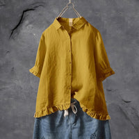 Talia | Collared Short-Sleeve Ruffle-Hem Button Blouse