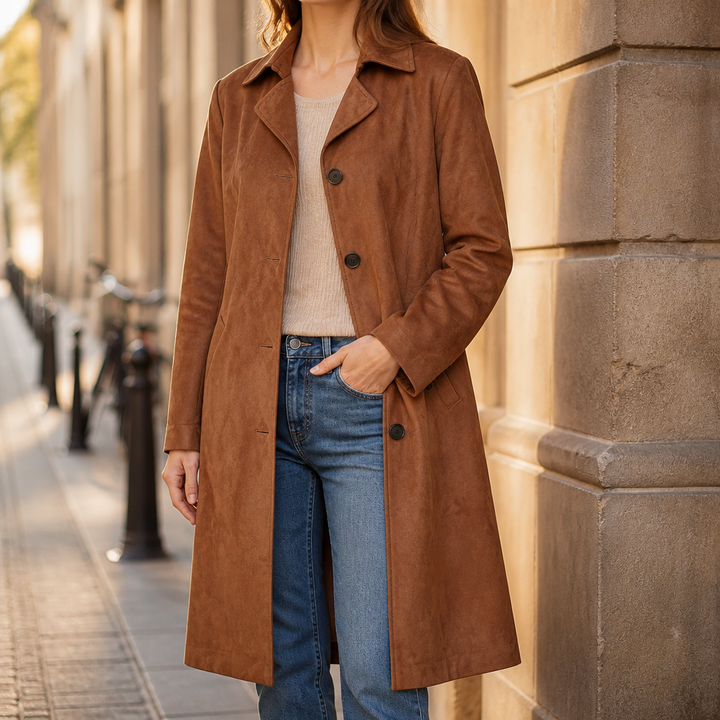 Serena | Suedette Longline Button-Front Trench Coat - Image 2
