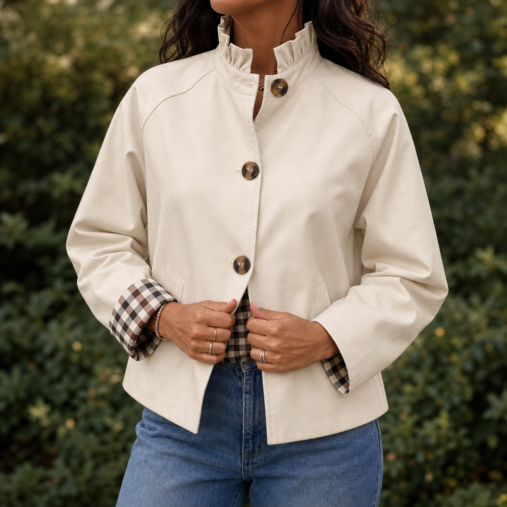 Colette | Ruffle-Collar Plaid-Cuff Short Trench Coat - Image 2