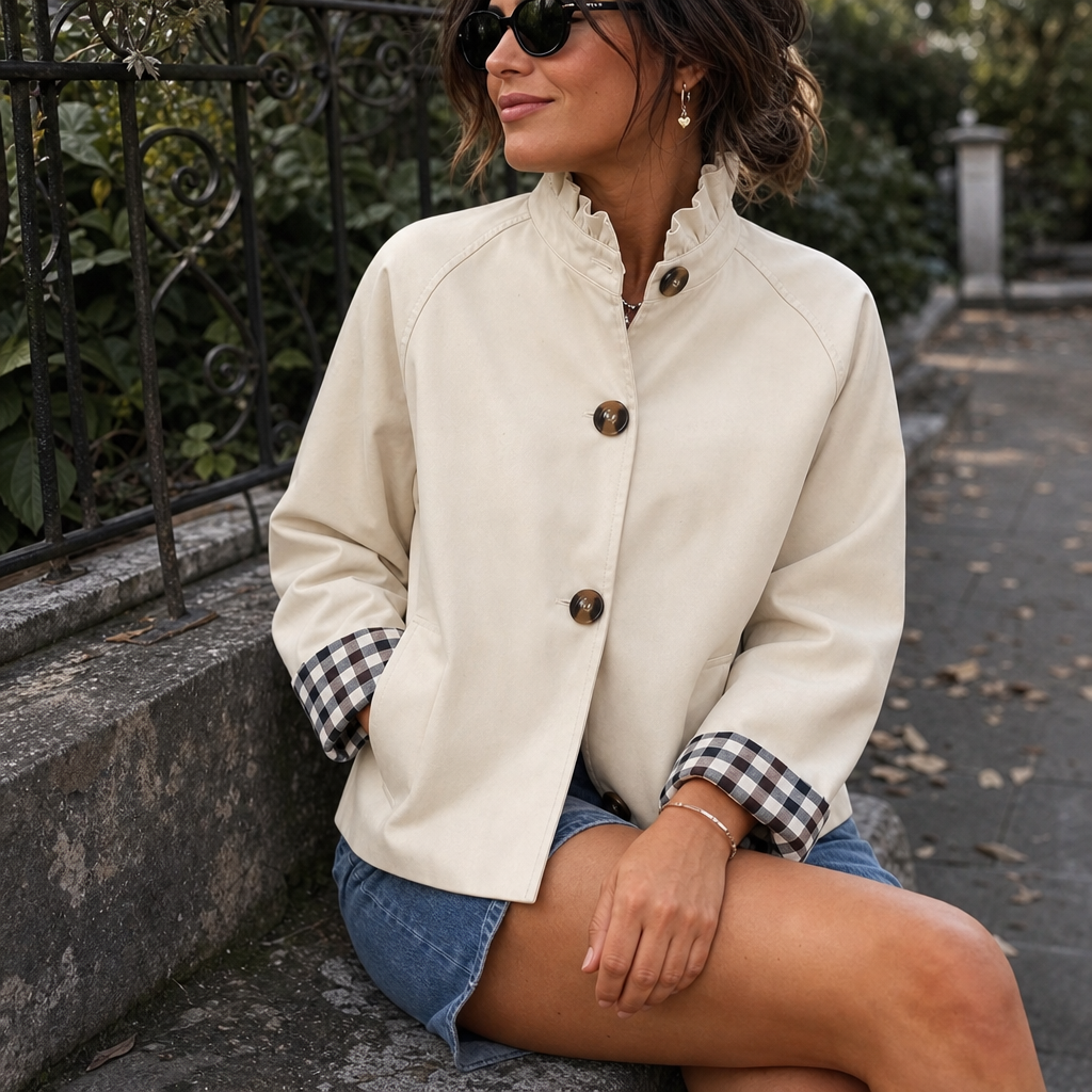 Colette | Ruffle-Collar Plaid-Cuff Short Trench Coat - Image 9
