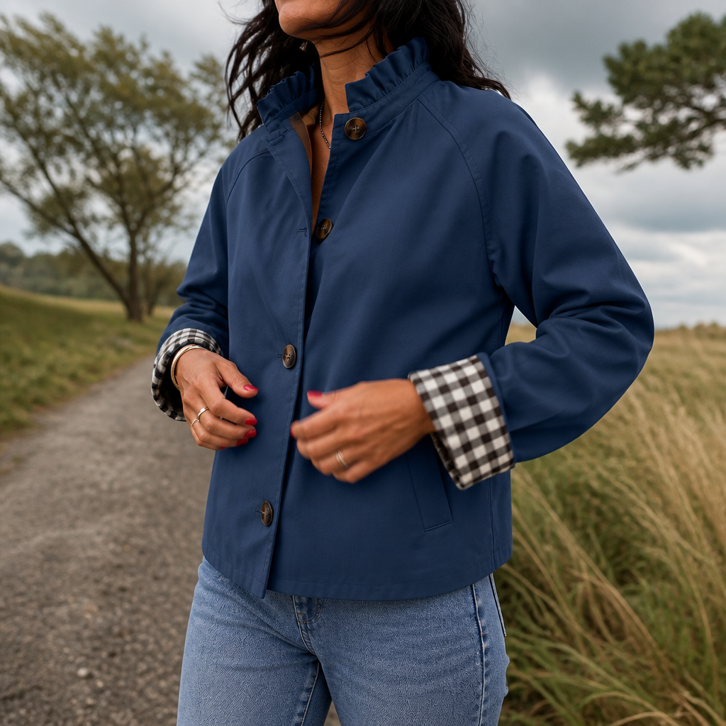 Colette | Ruffle-Collar Plaid-Cuff Short Trench Coat - Image 3